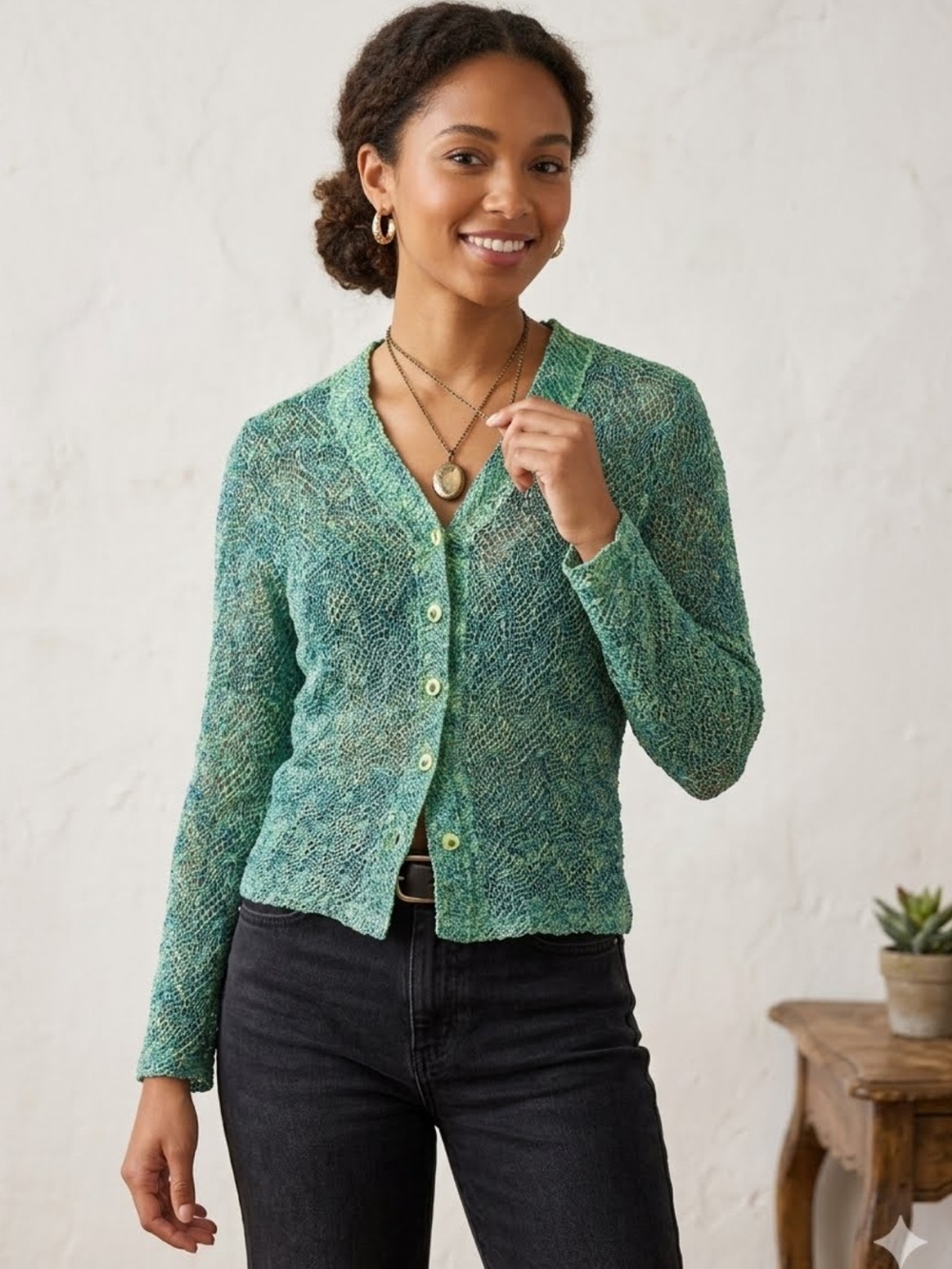 Gantos Vintage Sweater Cardigan Crochet Lace Open Knit Medium Green Blue